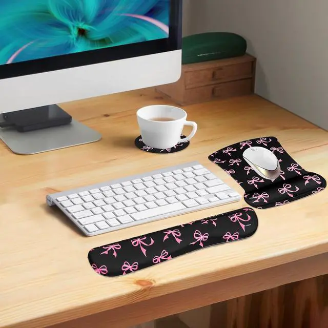 Alt view image 6 of 7 - Wrist Rest Support for Mouse Pad&Keyboard Set Pink Bows Ergonomic Mousepad&Coaster Non-Slip Base Home/Office Pain Relief&Easy Typing Cushion with Neoprene Cloth&Raised Memory Foam Black