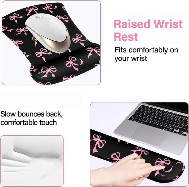 Alt view image 4 of 7 - Wrist Rest Support for Mouse Pad&Keyboard Set Pink Bows Ergonomic Mousepad&Coaster Non-Slip Base Home/Office Pain Relief&Easy Typing Cushion with Neoprene Cloth&Raised Memory Foam Black