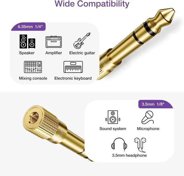 Alt view image 7 of 7 - 6.35mm (1/4 inch) Male to 3.5mm (1/8 inch) Female Stereo Audio Jack Adapter for Aux Cable Guitar Amplifier Headphone 2 Pack