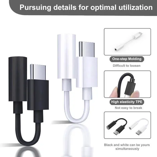 Alt view image 2 of 7 - 2 Pack USB C to 3.5mm Headphone Jack Adapter Hi-Fi DAC Audio Converter with Microphone Compatible with iPhone 15/Pro  Galaxy iPad Pro MacBook Pixel Black & White