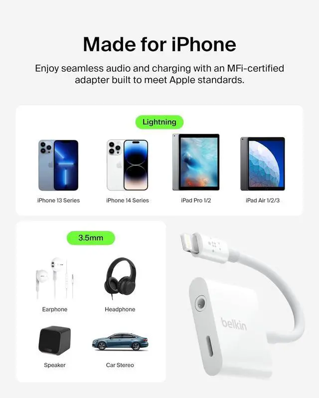 Alt view image 4 of 7 - RockStar Lightning to 3.5mm Audio Cable + Audio Charger Splitter 2-in-1 Aux iPhone Headphone and Charger Adapter - Compatible with iPhone 14 13 12 11 X and More - White