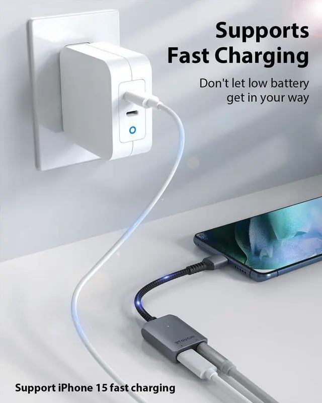 Alt view image 2 of 7 - 2-in-1 USB C to 3.5mm Headphone Charge Adapter AUX Mic Jack with PD Fast Charging High Resolution DAC for Earphones iPhone 16 15 Galaxy S24/S24+/S23/S22/S21 iPad Pro Pixel 9/8/7