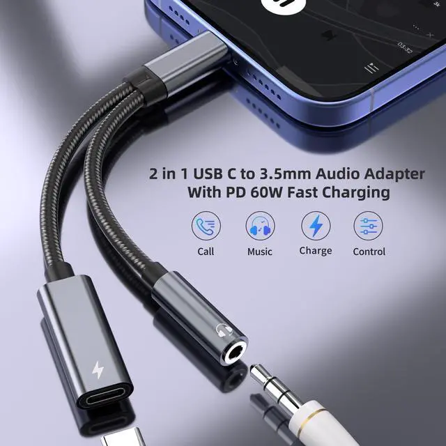 Alt view image 2 of 7 - Galaxy S25 Headphone Adapter USB C to AUX Mic Jack with PD 60W Fast Charging for Stereo Earphones Compatible with  Galaxy S25/S25+/S25 Ultra/S24/S24+ Google Pixel 8/7