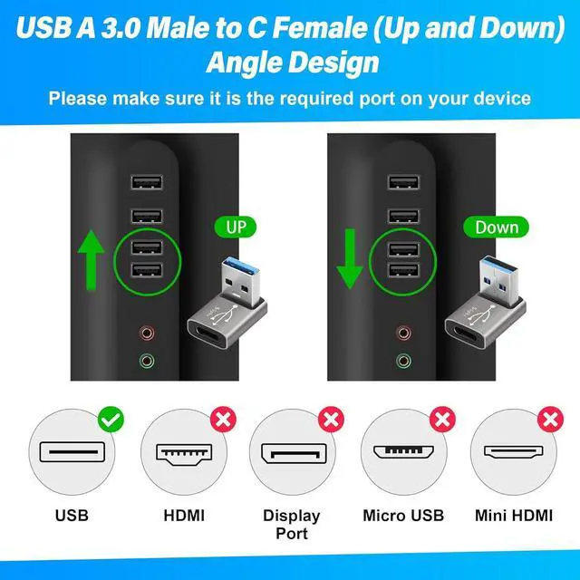 Alt view image 2 of 5 - 90 Degree USB to USB C Adapter 2 Pack Up and Down Right Angle USB C Female to A Male Charger Connector Converter USB L Shape Extender Support Charge & Data Sync for PC Laptop Mouse Keyboard