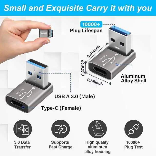 Alt view image 3 of 5 - 90 Degree USB to USB C Adapter 2 Pack Up and Down Right Angle USB C Female to A Male Charger Connector Converter USB L Shape Extender Support Charge & Data Sync for PC Laptop Mouse Keyboard