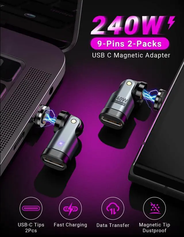 Alt view image 2 of 7 - USB C Magnetic Adapter PD 240W(2Pack) 9PIN USB C 90 Degree Adapter/C Right Angle Adapters/360 &180 Degree C to C Adapters for 1Phone 16/15 Ma-Book Pro/1Pad Series  Galaxy Tablet Laptop