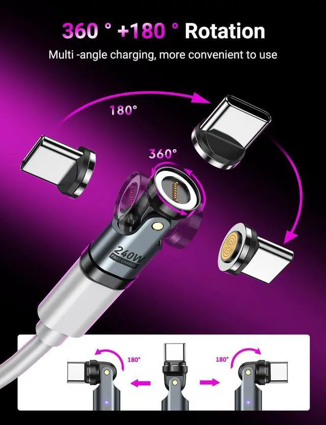 Alt view image 4 of 7 - USB C Magnetic Adapter PD 240W(2Pack) 9PIN USB C 90 Degree Adapter/C Right Angle Adapters/360 &180 Degree C to C Adapters for 1Phone 16/15 Ma-Book Pro/1Pad Series  Galaxy Tablet Laptop