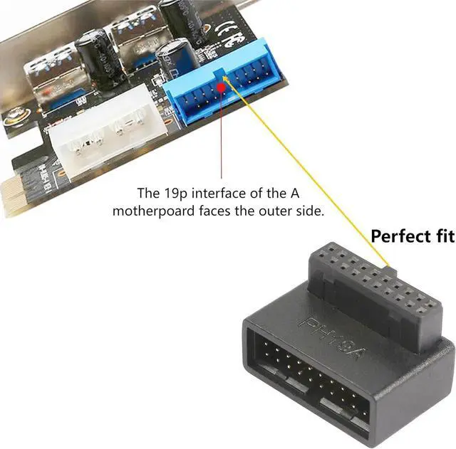 Alt view image 2 of 7 - 90 Degree USB 3.0 Motherboard Adapter 19 Pin/20 Pin Male to Female L Turn Right Angle Socket Extension Coupler for Desktop Motherboard Up Angle PH19A