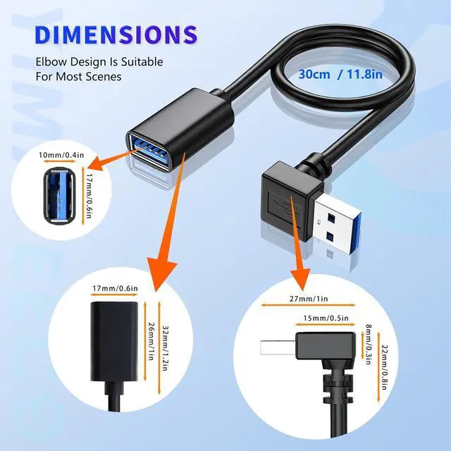 Alt view image 2 of 7 - USB3.0 Extension Cable Up Angle 11.8 inch USB Male to Female Data Cable 90 Degree USB Adapter with Gold Plated Contacts for U-SB Flash Drive Hard Drive(Up Angle 30cm 2pcs Black)