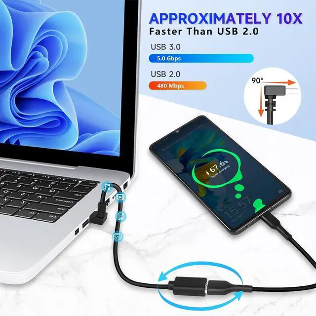Alt view image 4 of 7 - USB3.0 Extension Cable Up Angle 11.8 inch USB Male to Female Data Cable 90 Degree USB Adapter with Gold Plated Contacts for U-SB Flash Drive Hard Drive(Up Angle 30cm 2pcs Black)
