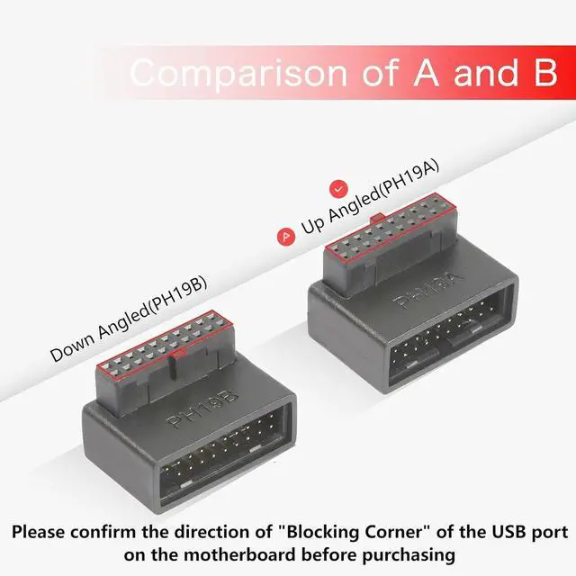 Alt view image 5 of 7 - 90 Degree USB 3.0 Motherboard Adapter 19 Pin/20 Pin Male to Female L Turn Right Angle Socket Extension Coupler for Desktop Motherboard Up Angle PH19A