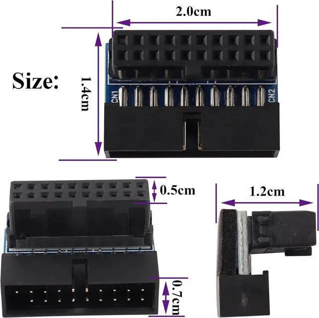 Alt view image 2 of 7 - 2 Pack Down Right Angle USB 3.0 19-pin Connector 90 Degree 19Pin/20Pin 3.0 USB Female to Male Extension Power Adapter Board for Desktop Motherboard Internal Header Adapter(Down/Black-20Pin)