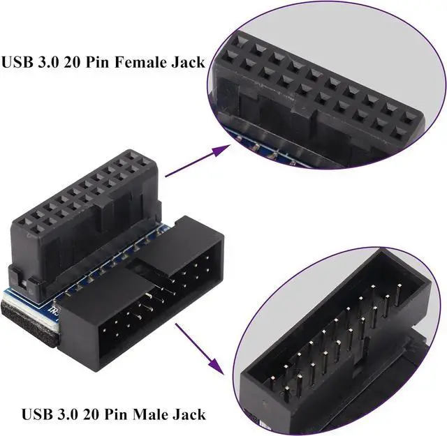 Alt view image 3 of 7 - 2 Pack Down Right Angle USB 3.0 19-pin Connector 90 Degree 19Pin/20Pin 3.0 USB Female to Male Extension Power Adapter Board for Desktop Motherboard Internal Header Adapter(Down/Black-20Pin)
