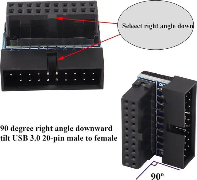 Alt view image 4 of 7 - 2 Pack Down Right Angle USB 3.0 19-pin Connector 90 Degree 19Pin/20Pin 3.0 USB Female to Male Extension Power Adapter Board for Desktop Motherboard Internal Header Adapter(Down/Black-20Pin)