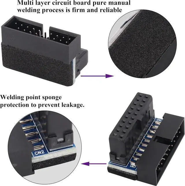 Alt view image 5 of 7 - 2 Pack Down Right Angle USB 3.0 19-pin Connector 90 Degree 19Pin/20Pin 3.0 USB Female to Male Extension Power Adapter Board for Desktop Motherboard Internal Header Adapter(Down/Black-20Pin)
