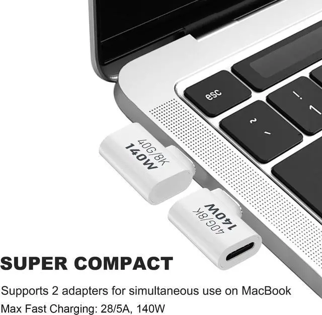 Alt view image 2 of 6 - 2 Pack USB C Male to Female Adapter 90 Degree Right Angle 140W Type C Extender Adapter for Thunderbolt 4/3 MacBook Pro/Air Laptop Phones and More Type C Devices (White)