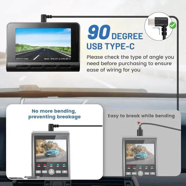 Alt view image 5 of 6 - USB C Dash Cam Power Cord 13ft USB 2.0 A to Type-C 90 Degree Angle Charging Cable USBC Car Charger Adapter Connector for Dashcam Rear View Mirror Cam Dashboard Recorder Recording Backup Camera