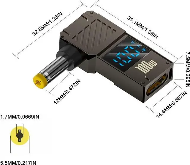 Alt view image 7 of 7 - DC 5.5x1.7mm Power Plug USB C Female to DC 5.5x1.7mm Power Adapter 90 Degree LED Digital Display 100W Output 20V 5A Charger Connector for Laptop 1-Pack