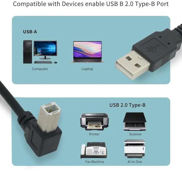 Alt view image 5 of 6 - 19inch USB b Right Angle 90 Degree Adapter High Speed Printer USB Cable 90 Degree USB b Cable usb2.0 A Male to B Male Printer  Cord with 480Mbps (Up Angle 1.6Feet)