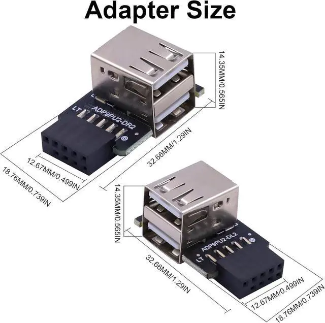 Alt view image 7 of 7 - 9 pin USB 2.0 Female to Dual USB Type A Female Port 90 Degree Right Angle and Left Angle USB Mortherboard Header Adapter for Bluetooth Wireless Network Card 2-Pack