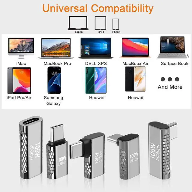 Alt view image 7 of 7 - USB Type C Male-to-Female Adapter 100W Fast Charging 20Gbps Data Transfer 90 Degree Design 8K & 60Hz Video Output Durable Aluminum Casing