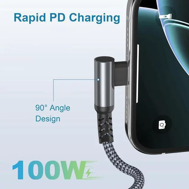 Alt view image 3 of 7 - iPhone 16e 15 Pro Max Plus Charger Cable 3.3FT USB C to Type C Cord 100W Right Angle 90 Degree with USB Adapter PD Fast Charging Cord for  S25 S24 iPad mini 8 iPad 12th Air 7th