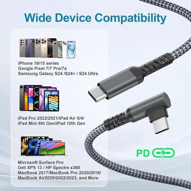 Alt view image 7 of 7 - iPhone 16e 15 Pro Max Plus Charger Cable 3.3FT USB C to Type C Cord 100W Right Angle 90 Degree with USB Adapter PD Fast Charging Cord for  S25 S24 iPad mini 8 iPad 12th Air 7th