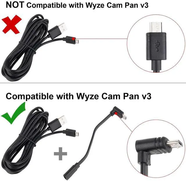 Alt view image 3 of 6 - 2 Pack Extension Cable Compatible with Wyze Cam Pan v3 and Wyze Cam v3 Pro 5inch Male to Female Extender Cord for WYZE Cam Micro USB 90 Degree Power Adapter L-Shaped Flat Cable(Black)