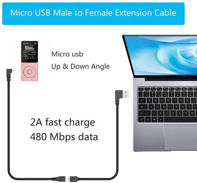 Alt view image 4 of 7 - Short 9in Micro USB Extension Cable 90 Up & Down Angle Male to Female Charging & Sync for Phones Tablets & More (1 Pair)