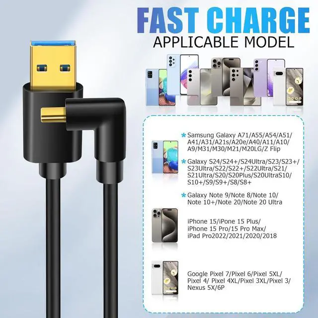 Alt view image 6 of 6 - 90 Degree USB Type C Cable USB 3.0 A to USB C Up & Down Angle Fast Charge Cord Compatible with Notebook PC Tablet Phone and More (0.5M/1.6FT)