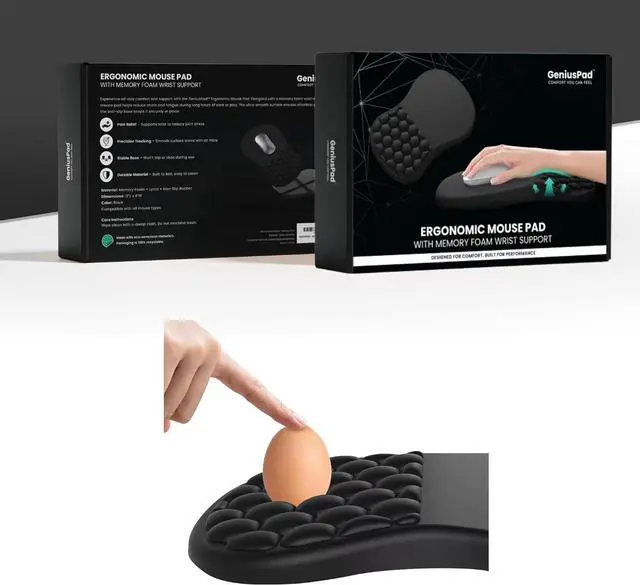 Alt view image 2 of 6 - GeniusPad Ergonomic Mouse Pad with Wrist Support & Massage Design  Memory Foam Cushion Non-Slip PU Base  Carpal Tunnel Pain Relief for Wireless Mouse & Desk Use  12x8 Inch (Black)