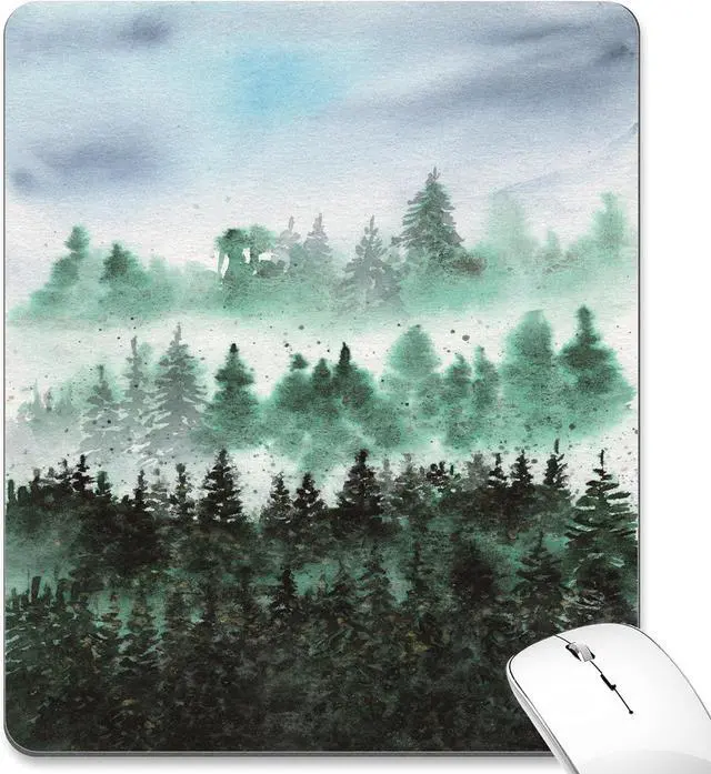 Main image of Green Forest Mouse Pad Cute Watercolor Mountain Tree Nature Scenery Landscape Art Mousepad for Desk Mat Pad Rectangular Vertical Small Office Accessories Decor Computer Laptop Wireless Travel Gaming