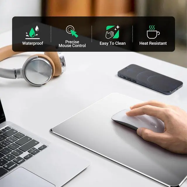 Alt view image 5 of 7 - Hard Metal Mouse Pad for Desk Aesthetic Rigid Mouse Pad for Magic Mouse and MacBook Pro/Air with Stable Rubber Base Aluminum Mousepad for Travel and Home Office (Silver)