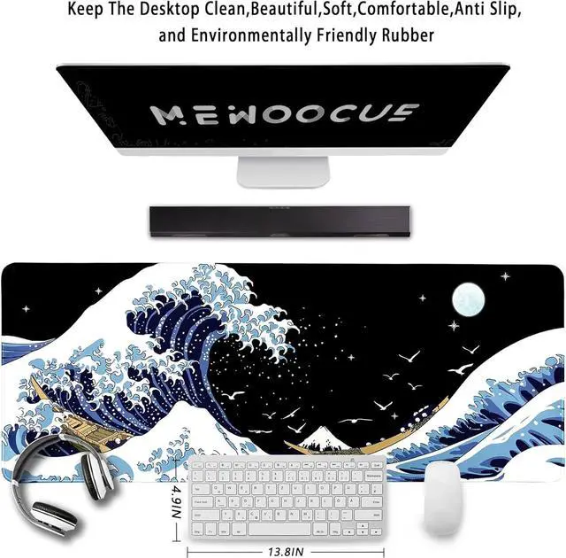 Alt view image 2 of 5 - ? Gaming Mouse Pad for Desk Large Wave Mousepad Laptop Black Japanese Anime Mouse Mat Long XXL Waterproof Keyboard Pads Big Non-Slip Mousepads for Game Office Home31.5 x 11.9 in
