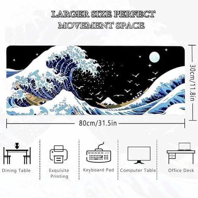 Alt view image 5 of 5 - ? Gaming Mouse Pad for Desk Large Wave Mousepad Laptop Black Japanese Anime Mouse Mat Long XXL Waterproof Keyboard Pads Big Non-Slip Mousepads for Game Office Home31.5 x 11.9 in
