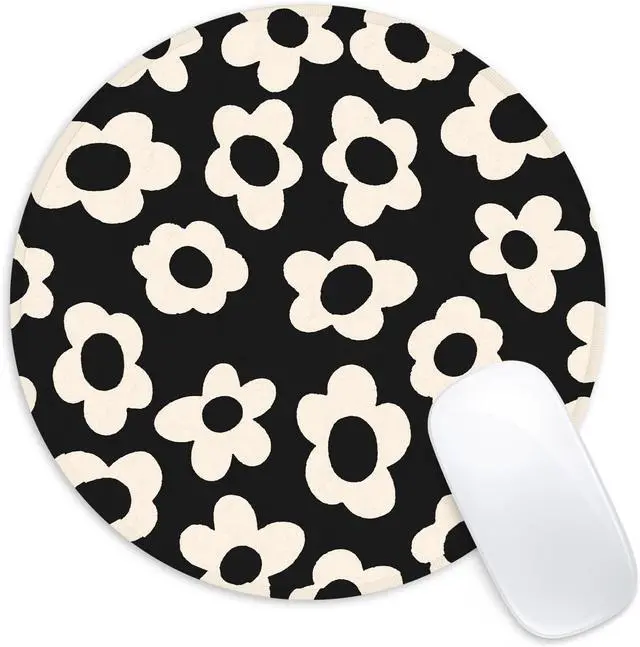 Main image of White Flower Round Mouse Mat - Funny Small Mouse Pad with Non-Slip Rubber Base for Home Office Decor - 8.7 Inch Round