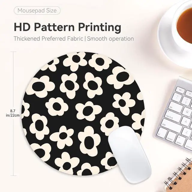 Alt view image 4 of 6 - White Flower Round Mouse Mat - Funny Small Mouse Pad with Non-Slip Rubber Base for Home Office Decor - 8.7 Inch Round