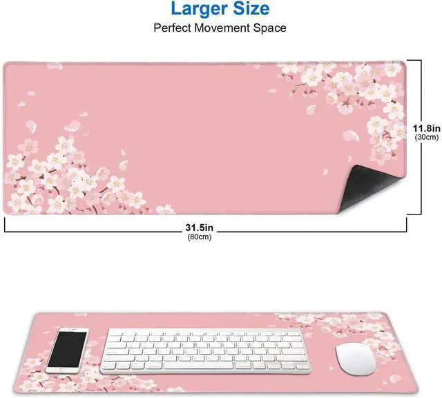 Alt view image 2 of 6 - Pink Japanese Desk Mat Cherry Blossom Large Gaming Mouse Pad Non-Slip Rubber Base Mousepad Desk Decor for Women Desk Pad for Work Game Office 31.5x11.8 Inch- Sakura Flowers Aesthetic