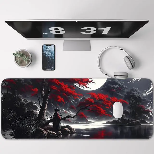 Alt view image 2 of 7 - Japanese Dark Red Moon Gaming Mouse Pad Extended Mouse Pad with Non-Slip Base Full Keyboard Pad with Stitched Edges Large Desk Pad for Gaming Office Home 31.5 x 11.8 Inch