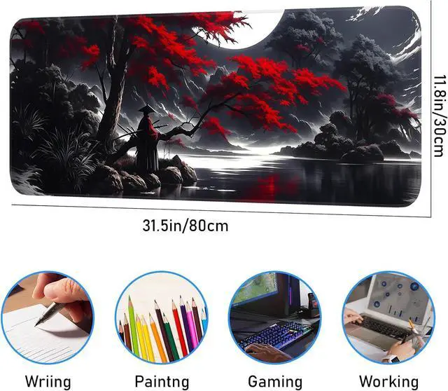 Alt view image 3 of 7 - Japanese Dark Red Moon Gaming Mouse Pad Extended Mouse Pad with Non-Slip Base Full Keyboard Pad with Stitched Edges Large Desk Pad for Gaming Office Home 31.5 x 11.8 Inch
