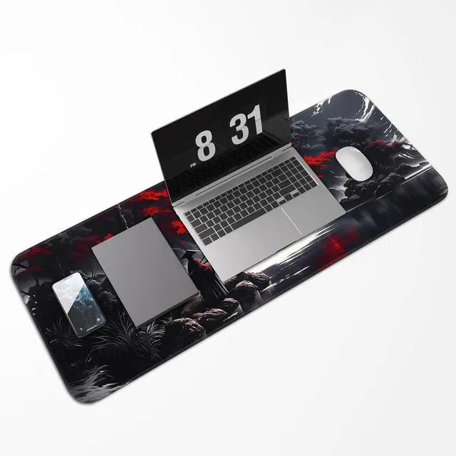 Alt view image 5 of 7 - Japanese Dark Red Moon Gaming Mouse Pad Extended Mouse Pad with Non-Slip Base Full Keyboard Pad with Stitched Edges Large Desk Pad for Gaming Office Home 31.5 x 11.8 Inch