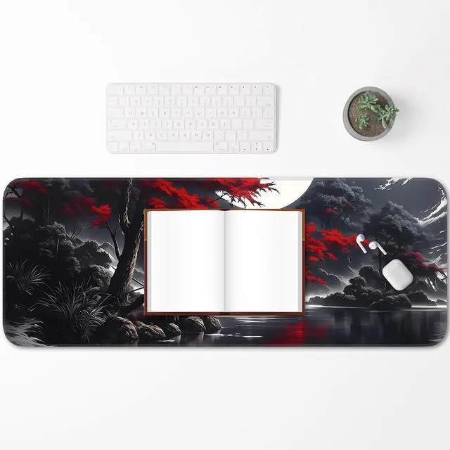 Alt view image 6 of 7 - Japanese Dark Red Moon Gaming Mouse Pad Extended Mouse Pad with Non-Slip Base Full Keyboard Pad with Stitched Edges Large Desk Pad for Gaming Office Home 31.5 x 11.8 Inch