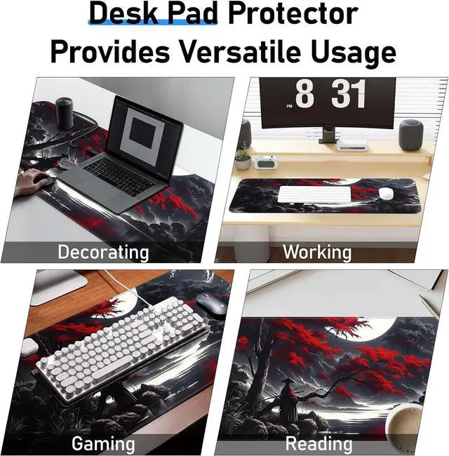 Alt view image 7 of 7 - Japanese Dark Red Moon Gaming Mouse Pad Extended Mouse Pad with Non-Slip Base Full Keyboard Pad with Stitched Edges Large Desk Pad for Gaming Office Home 31.5 x 11.8 Inch