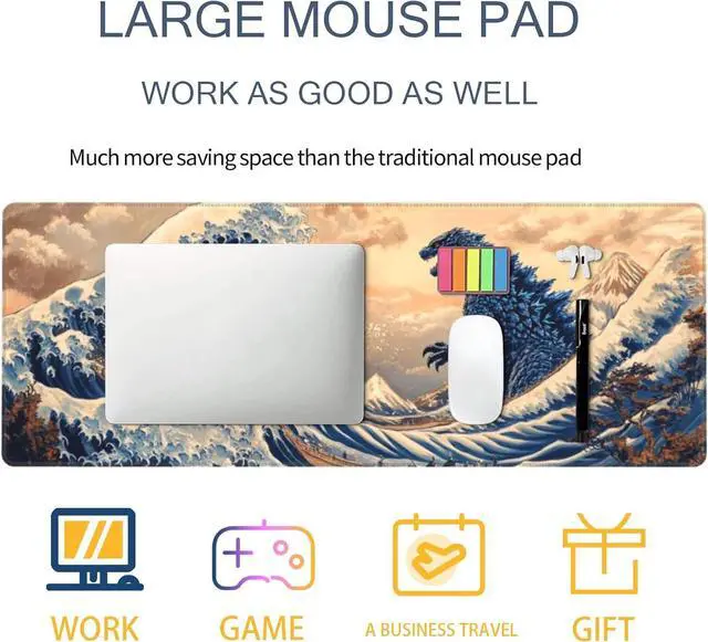 Alt view image 4 of 7 - Japanese Sea Wave Large Mouse Pad Gaming Mouse Pad XXL Art Large Mouse Pad Keyboard Mat Desk Mat Non-Slip Rubber Base