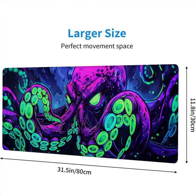 Alt view image 2 of 7 - Octopus Desk Mat Gaming Mouse Pad Neon Cthulhu Monster Cool XL Mouse Pad Large Mousepad Extended Laptop Keyboard Mat Gaming Desk Pad Mouse Mat Office Computer Keyboard Laptop Home 31.5x11.8