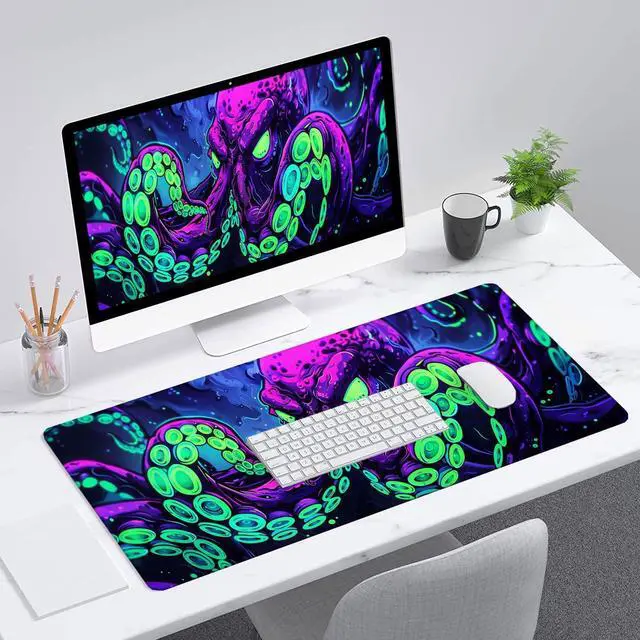 Alt view image 3 of 7 - Octopus Desk Mat Gaming Mouse Pad Neon Cthulhu Monster Cool XL Mouse Pad Large Mousepad Extended Laptop Keyboard Mat Gaming Desk Pad Mouse Mat Office Computer Keyboard Laptop Home 31.5x11.8
