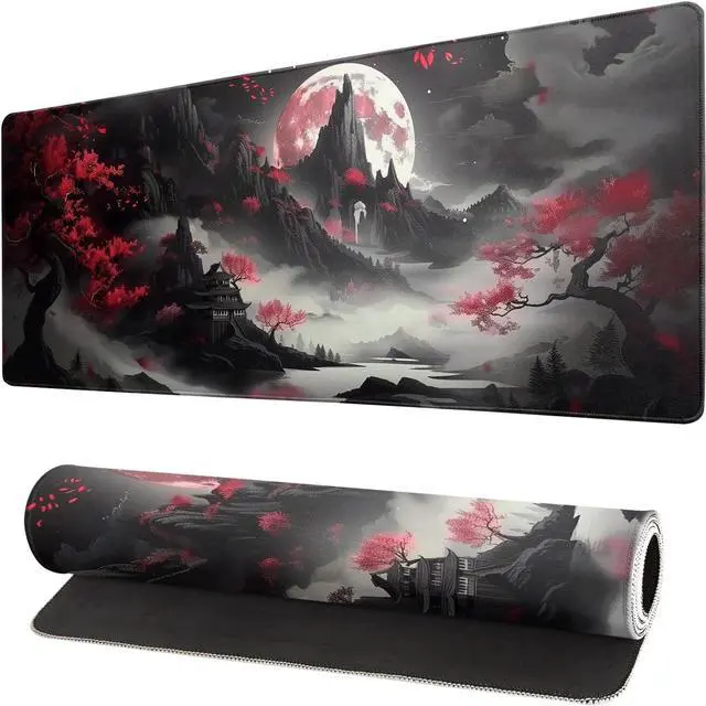 Main image of Japanese Desk Mat Red Full Moon Desk Pad Black Riverside Large Mouse Pad Gaming Mousepad Extended XL Keyboard Pad 31.5 x 11.8 in Laptop Computer Mouse Keyboard Mat for Office Desk Decor