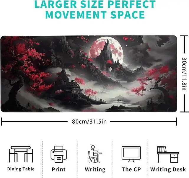 Alt view image 2 of 7 - Japanese Desk Mat Red Full Moon Desk Pad Black Riverside Large Mouse Pad Gaming Mousepad Extended XL Keyboard Pad 31.5 x 11.8 in Laptop Computer Mouse Keyboard Mat for Office Desk Decor