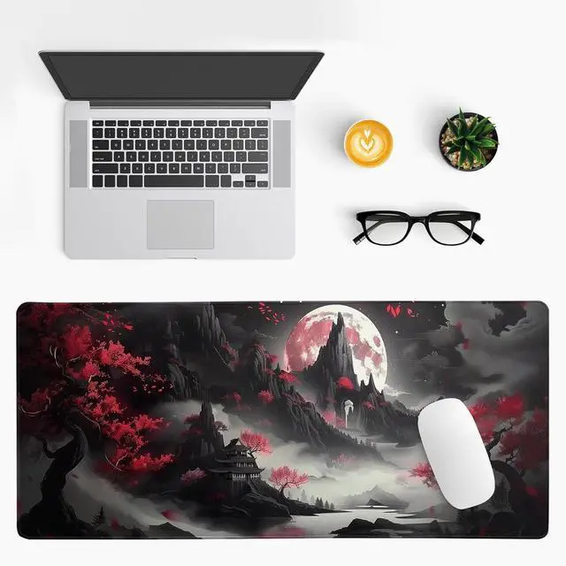 Alt view image 3 of 7 - Japanese Desk Mat Red Full Moon Desk Pad Black Riverside Large Mouse Pad Gaming Mousepad Extended XL Keyboard Pad 31.5 x 11.8 in Laptop Computer Mouse Keyboard Mat for Office Desk Decor