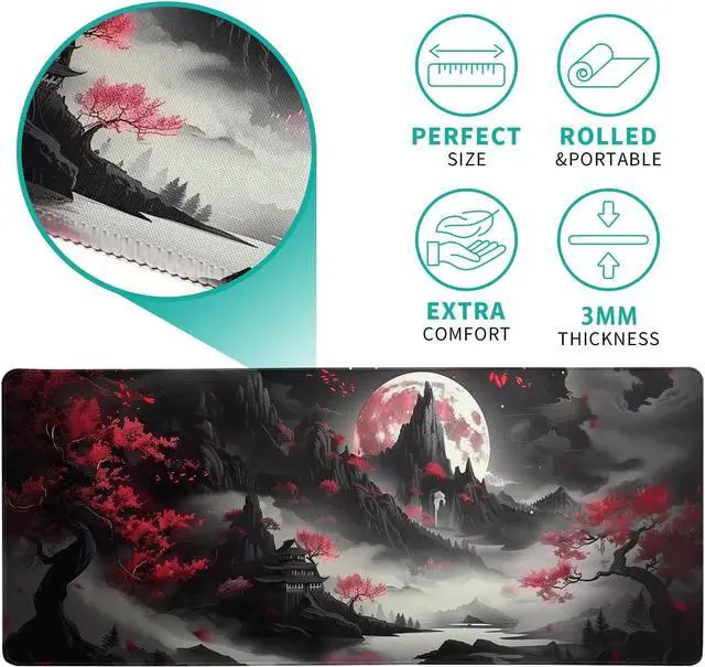 Alt view image 5 of 7 - Japanese Desk Mat Red Full Moon Desk Pad Black Riverside Large Mouse Pad Gaming Mousepad Extended XL Keyboard Pad 31.5 x 11.8 in Laptop Computer Mouse Keyboard Mat for Office Desk Decor